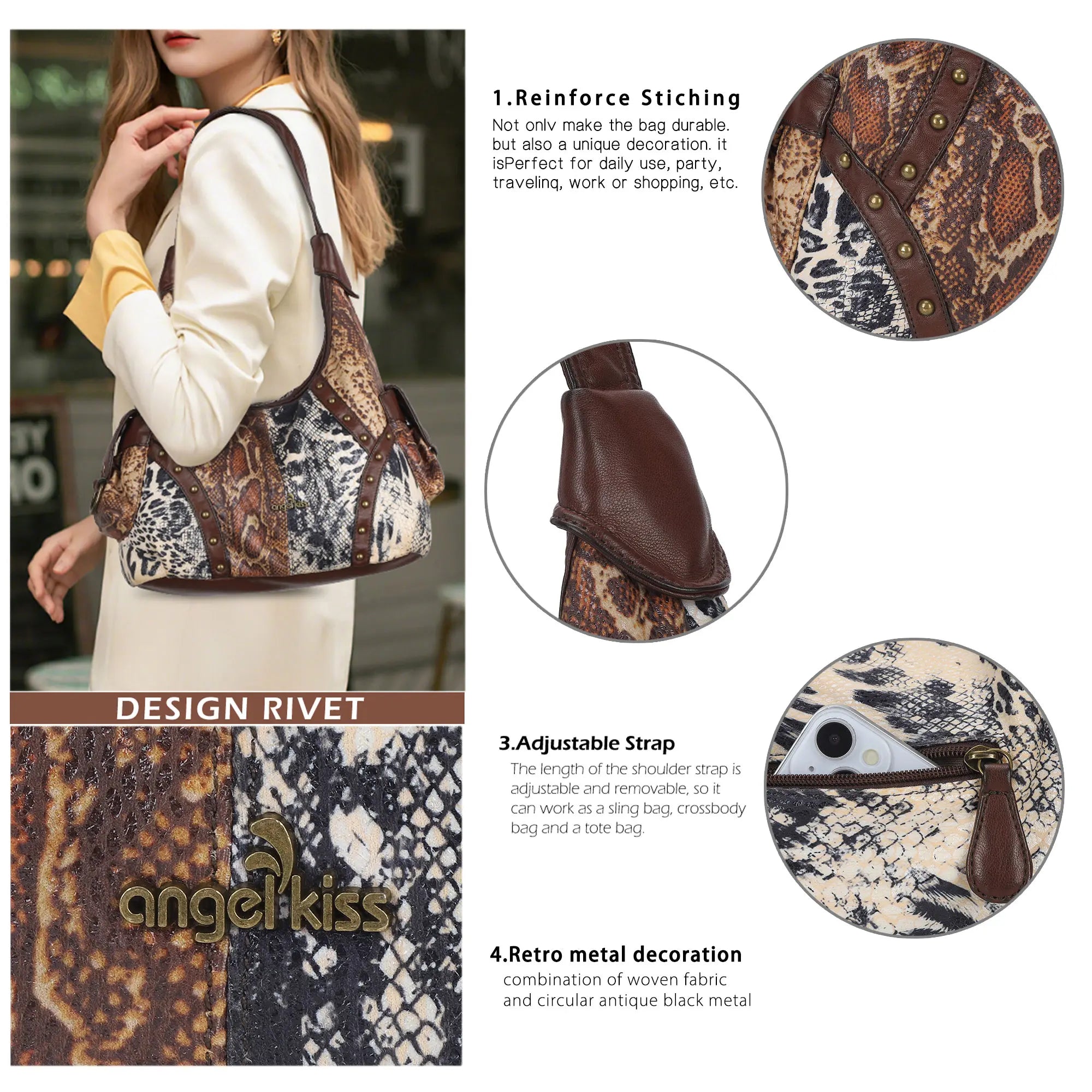 Modern Trendy Vintage Vegan Leather Hobo Tote Shoulder Bag 