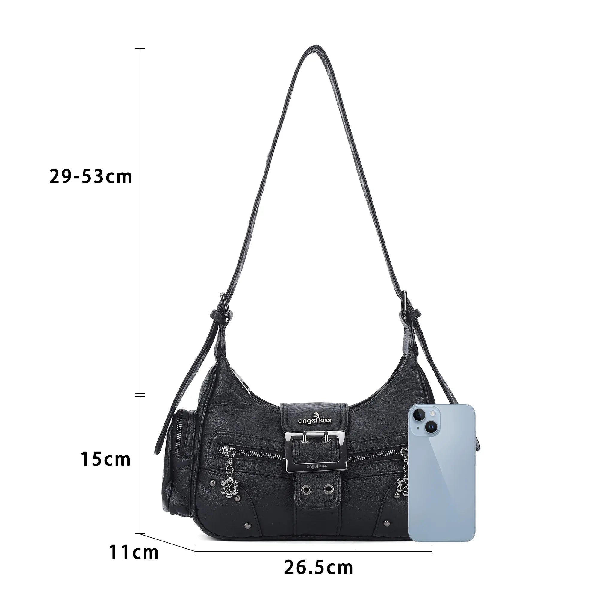 Washed Y2K Buckle Shoulder Bag with Floral Zipper Detail