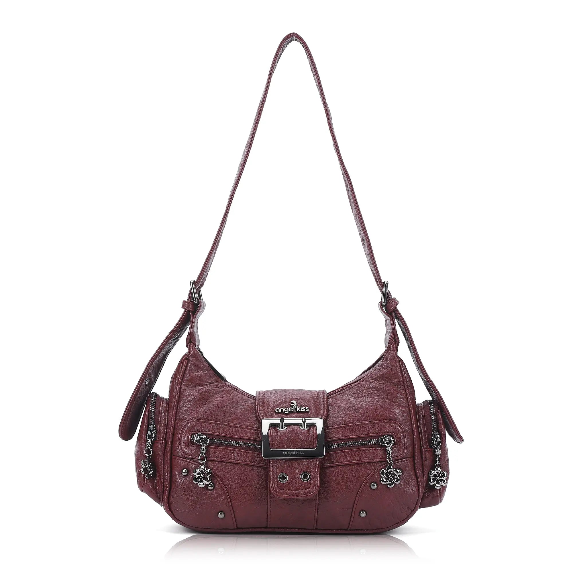 Washed Y2K Buckle Shoulder Bag with Floral Zipper Detail