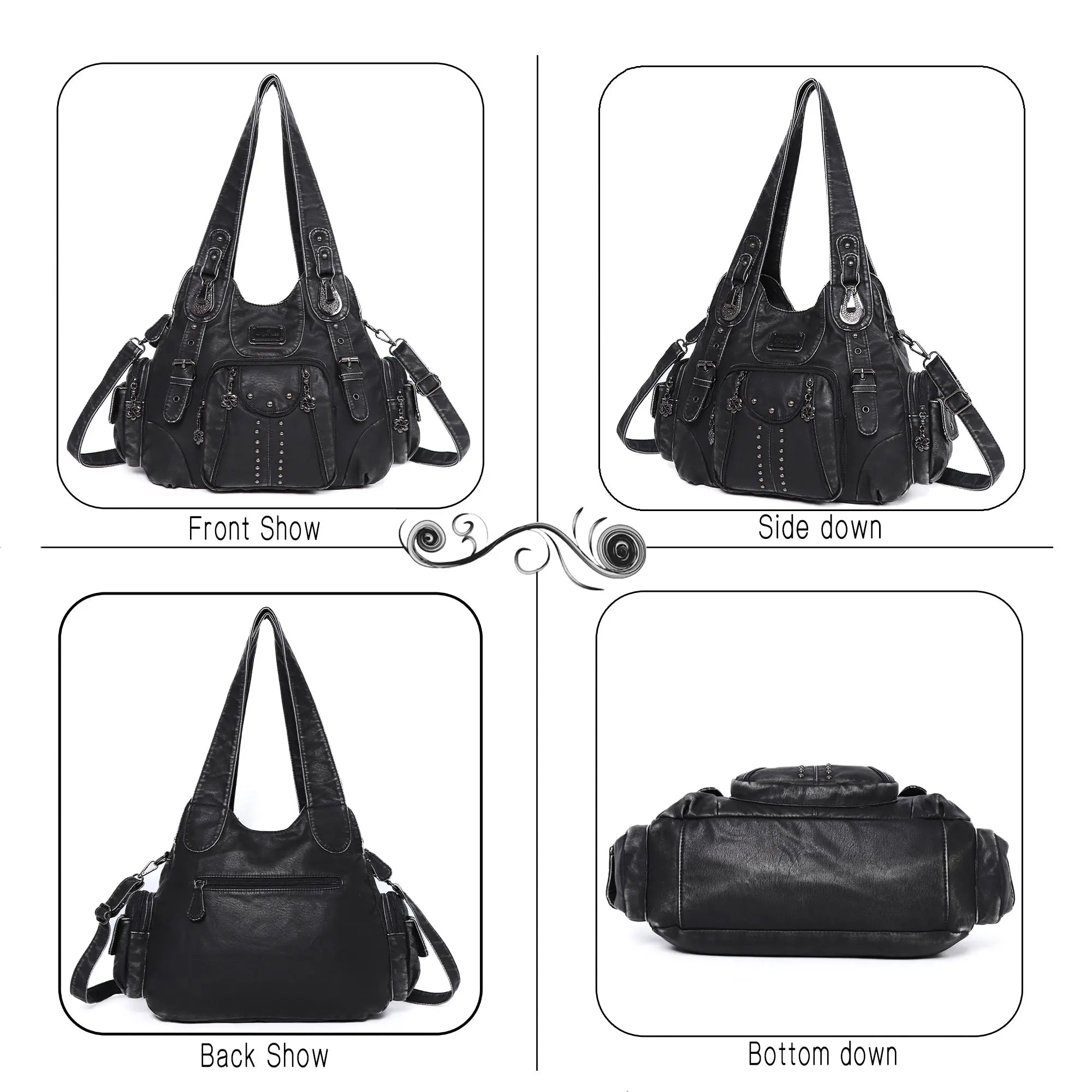 Bolso de hombro vintage de gran capacidad de PU lavado en color sólido