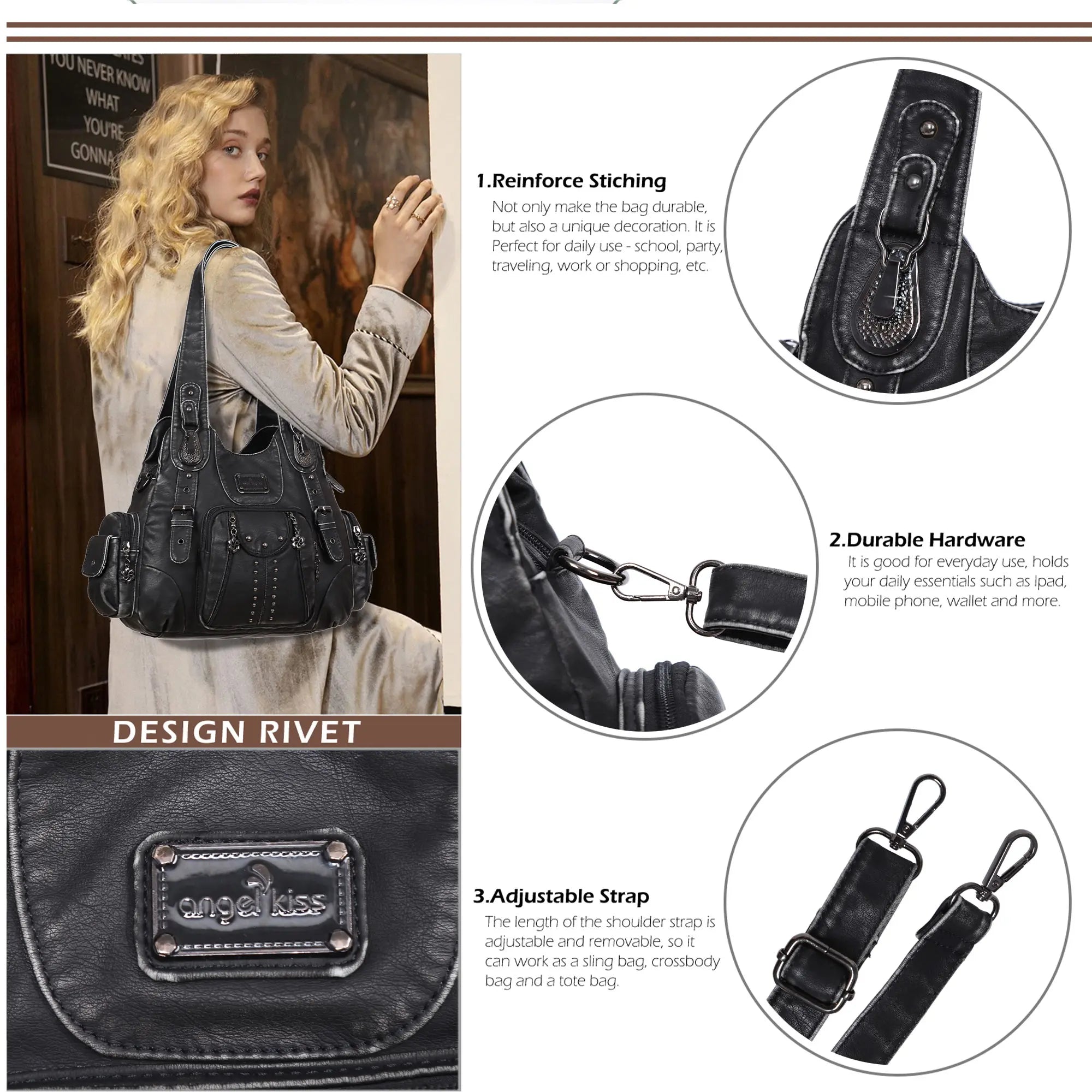 Bolso de hombro vintage de gran capacidad de PU lavado en color sólido