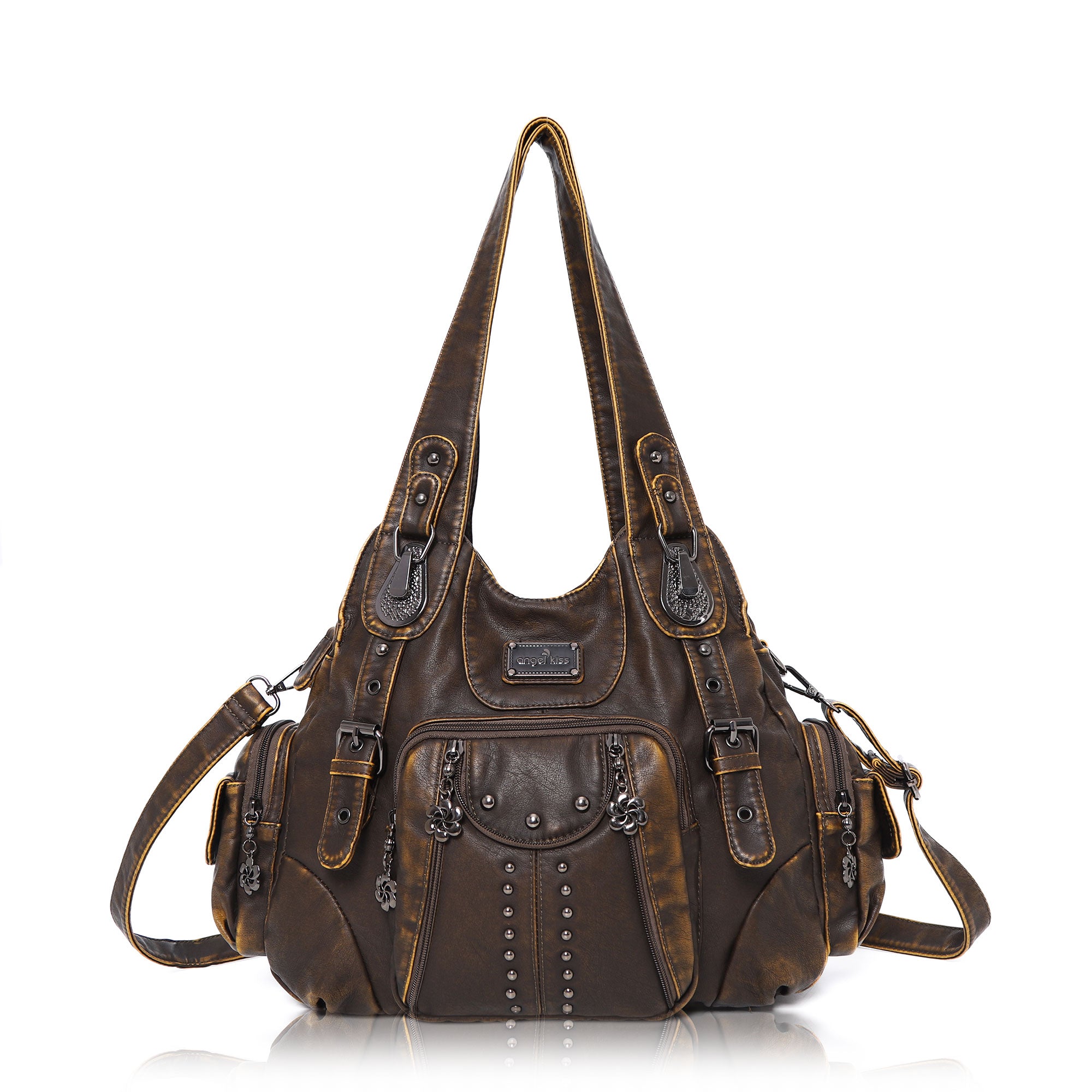 Washed PU solid color vintage large capacity shoulder bag-Angelkiss Bag