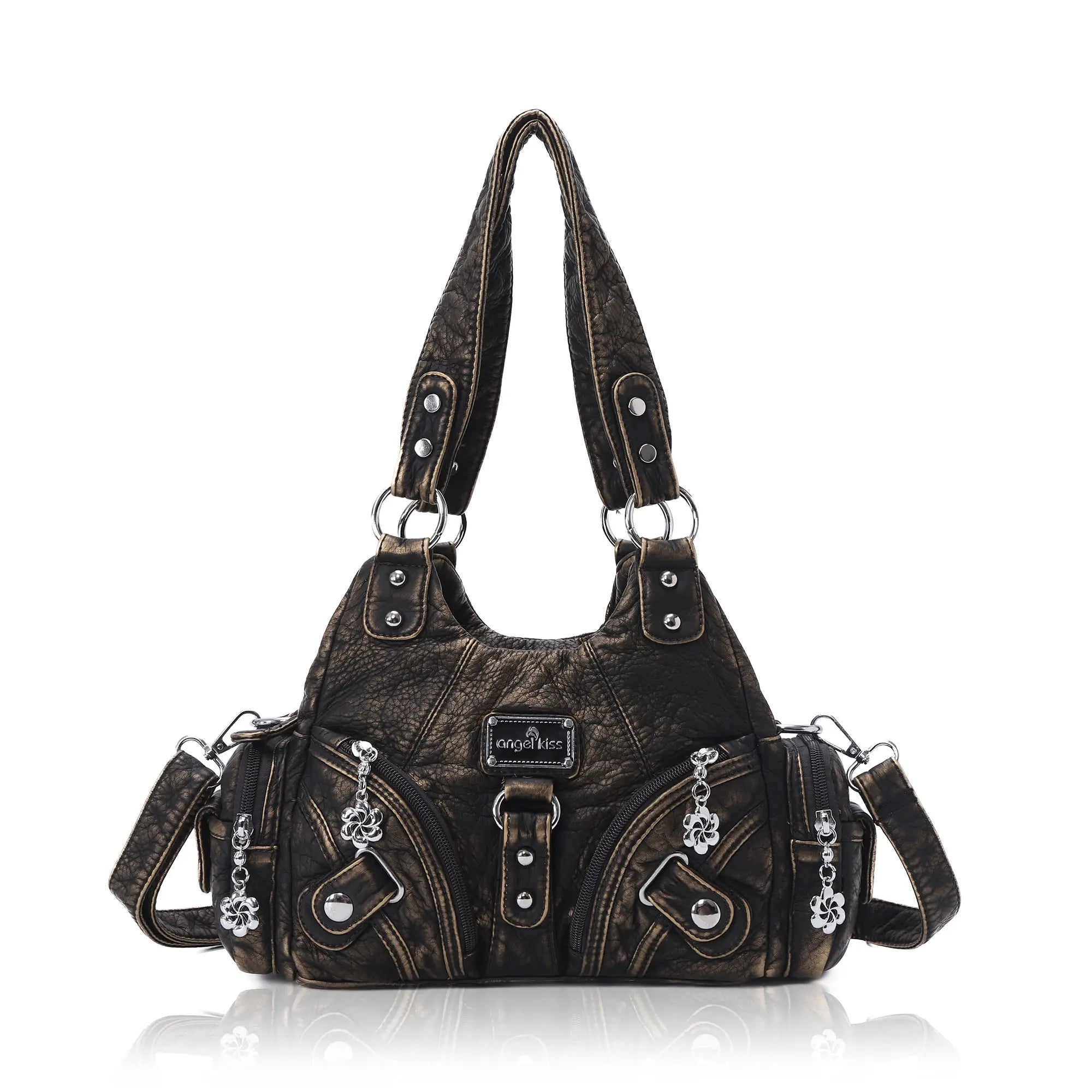 Small Multi-Zip Shoulder Bag with Studded Details – Angel Kiss
