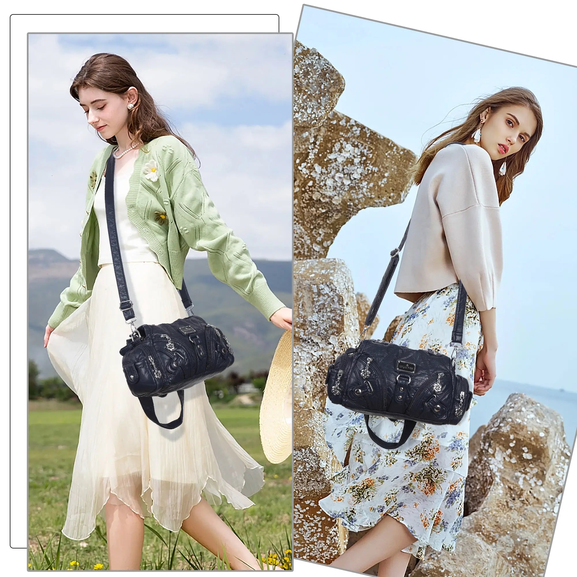 Small Multi-Zip Shoulder Bag with Studded Details – Angelkiss Bag