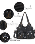 Angelkiss Vintage Multi-Pocket Shoulder Handbag – Available in Multiple Colors – Featuring Stud Accents and Flower Zipper Charms