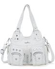 Angelkiss Vintage Multi-Pocket Shoulder Handbag – Available in Multiple Colors – Featuring Stud Accents and Flower Zipper Charms