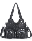Vintage Multi-Pocket Shoulder Bag - Washed Texture with Studs & Charms