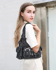 Vintage Multi-Pocket Shoulder Bag - Washed Texture with Studs & Charms