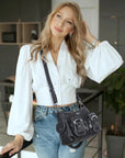 Vintage Multi-Pocket Shoulder Bag - Washed Texture with Studs & Charms