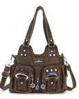 Vintage Multi-Pocket Shoulder Bag - Washed Texture with Studs & Charms