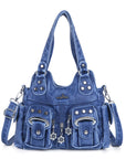 Angelkiss Vintage Multi-Pocket Shoulder Handbag – Available in Multiple Colors – Featuring Stud Accents and Flower Zipper Charms
