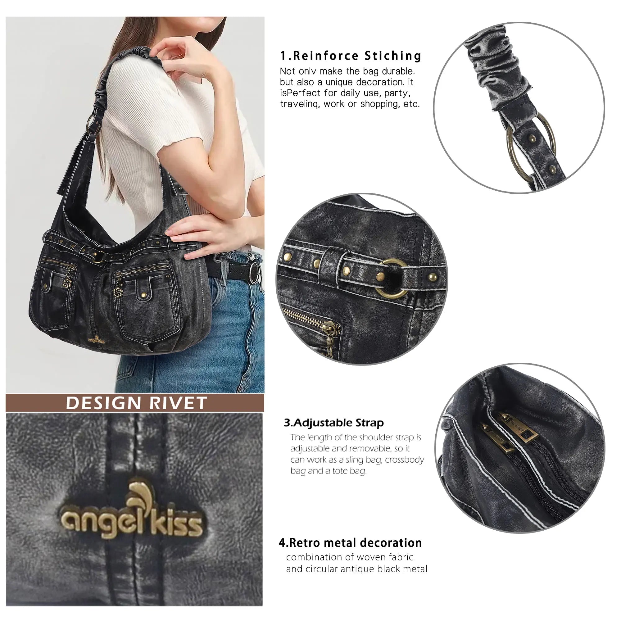 Vintage Vegan Leather Handbag – Multi-Pocket Shoulder Tote