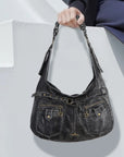 Vintage Vegan Leather Handbag – Multi-Pocket Shoulder Tote
