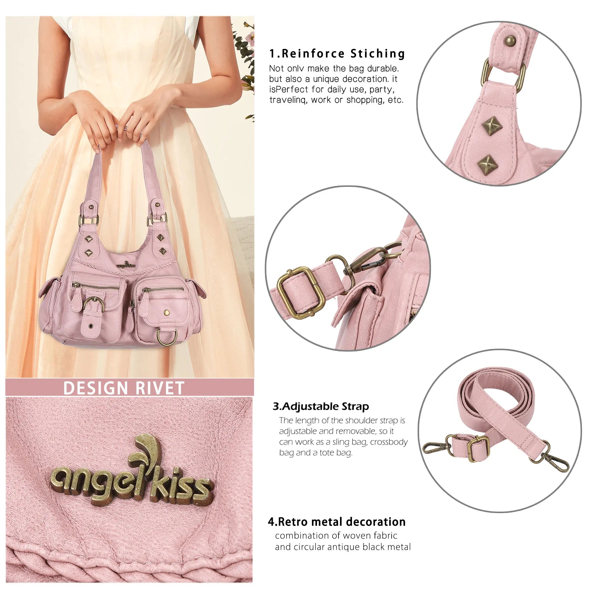 Tie-Dye Pink Multi-Pocket Vegan Leather Shoulder Tote Handbag