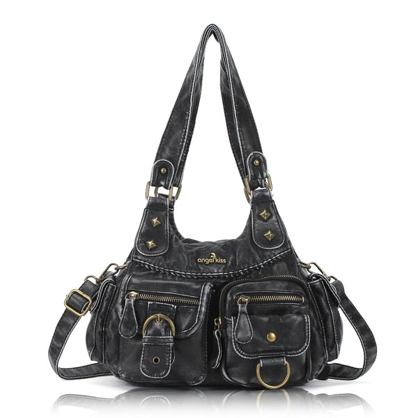 Tie-Dye Pink Multi-Pocket Vegan Leather Shoulder Tote Handbag