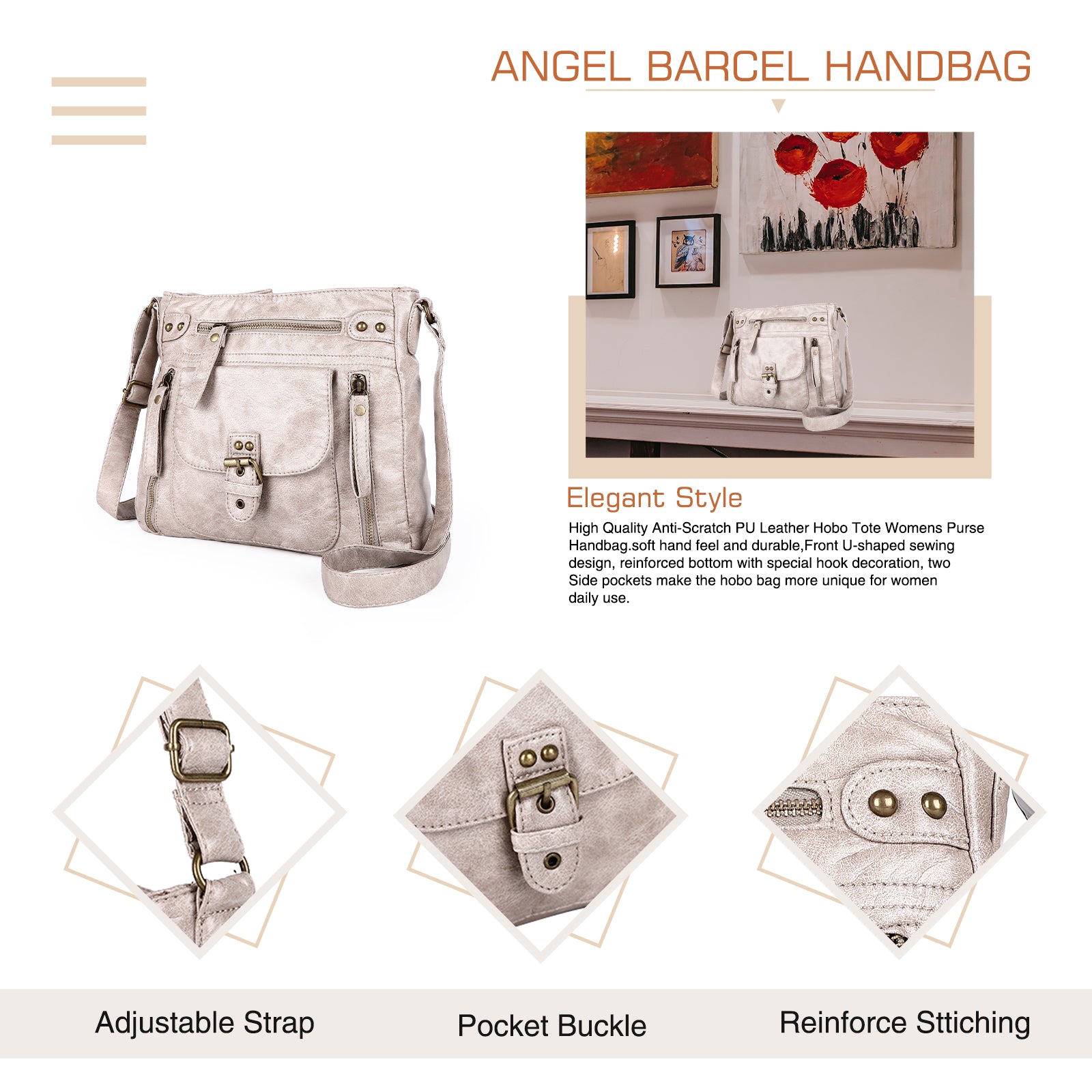 Solid color wash water pu leather adjustable shoulder strap daily shoulder bag-Angelkiss Bag