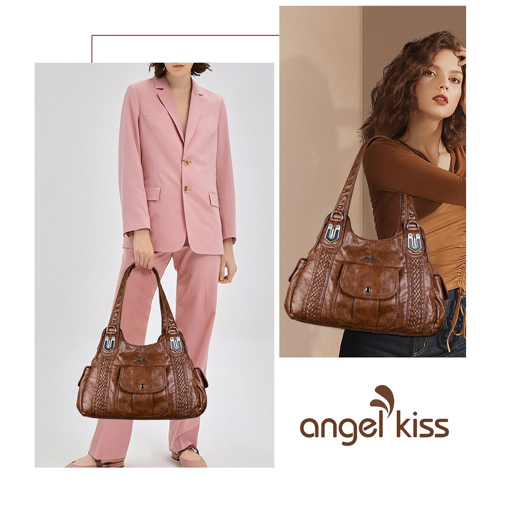 Women's waterproof solid color vintage Hobo shoulder bag and tote-Angelkiss Bag