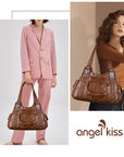 Women's waterproof solid color vintage Hobo shoulder bag and tote-Angelkiss Bag