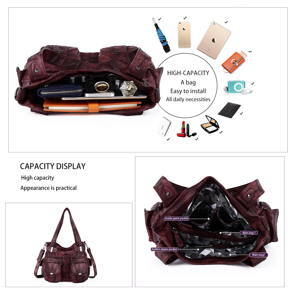 Washed Leather Hobobags Women Shoulder Bags-Angelkiss Bag
