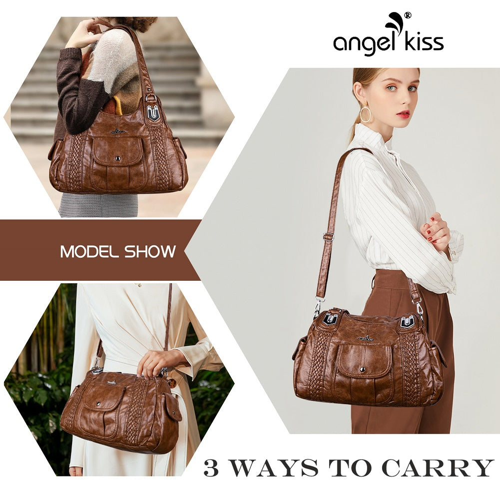 Women's waterproof solid color vintage Hobo shoulder bag and tote-Angelkiss Bag