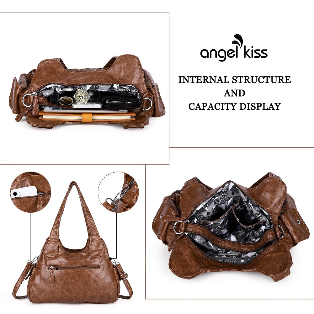 Women's waterproof solid color vintage Hobo shoulder bag and tote-Angelkiss Bag