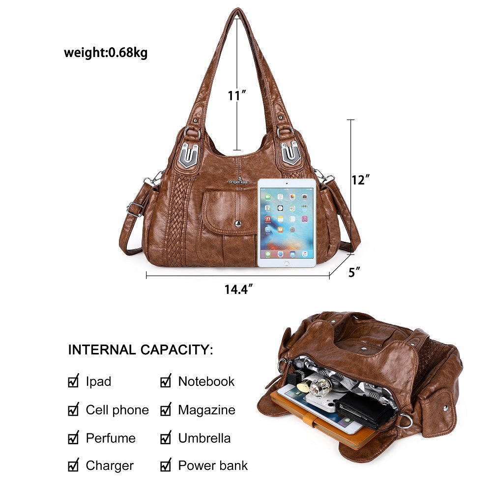 Women's waterproof solid color vintage Hobo shoulder bag and tote-Angelkiss Bag