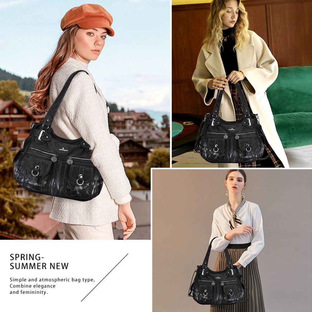 Washed Leather Hobobags Women Shoulder Bags-Angelkiss Bag