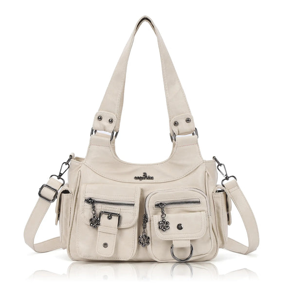 Multi-Pocket Soft PU Shoulder Bag with Crossbody Strap