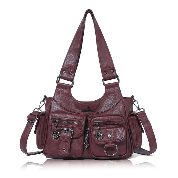 Vintage Burgundy Soft Leather Multi-Pocket Shoulder & Crossbody Bag