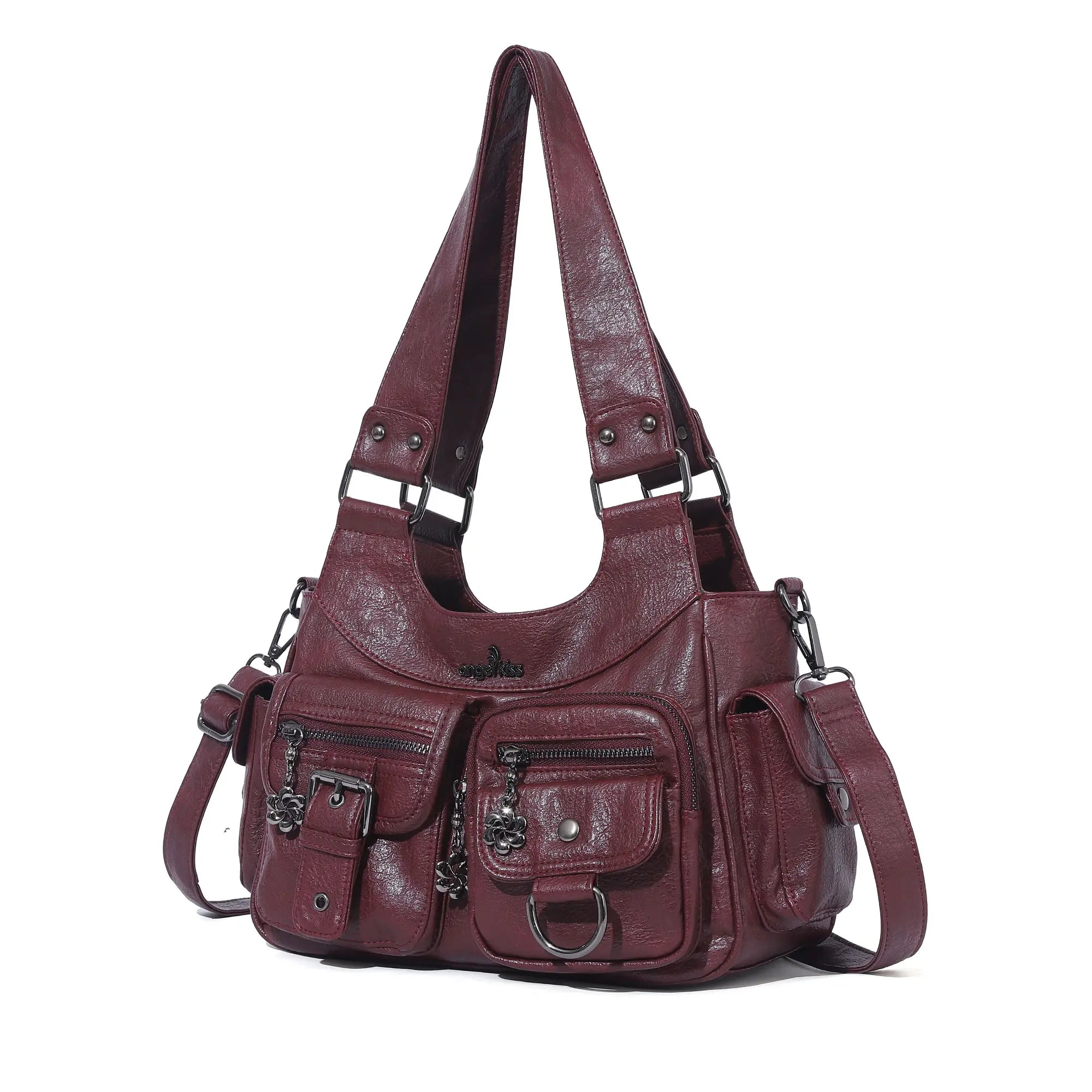 Vintage Burgundy Soft Leather Multi-Pocket Shoulder &amp; Crossbody Bag