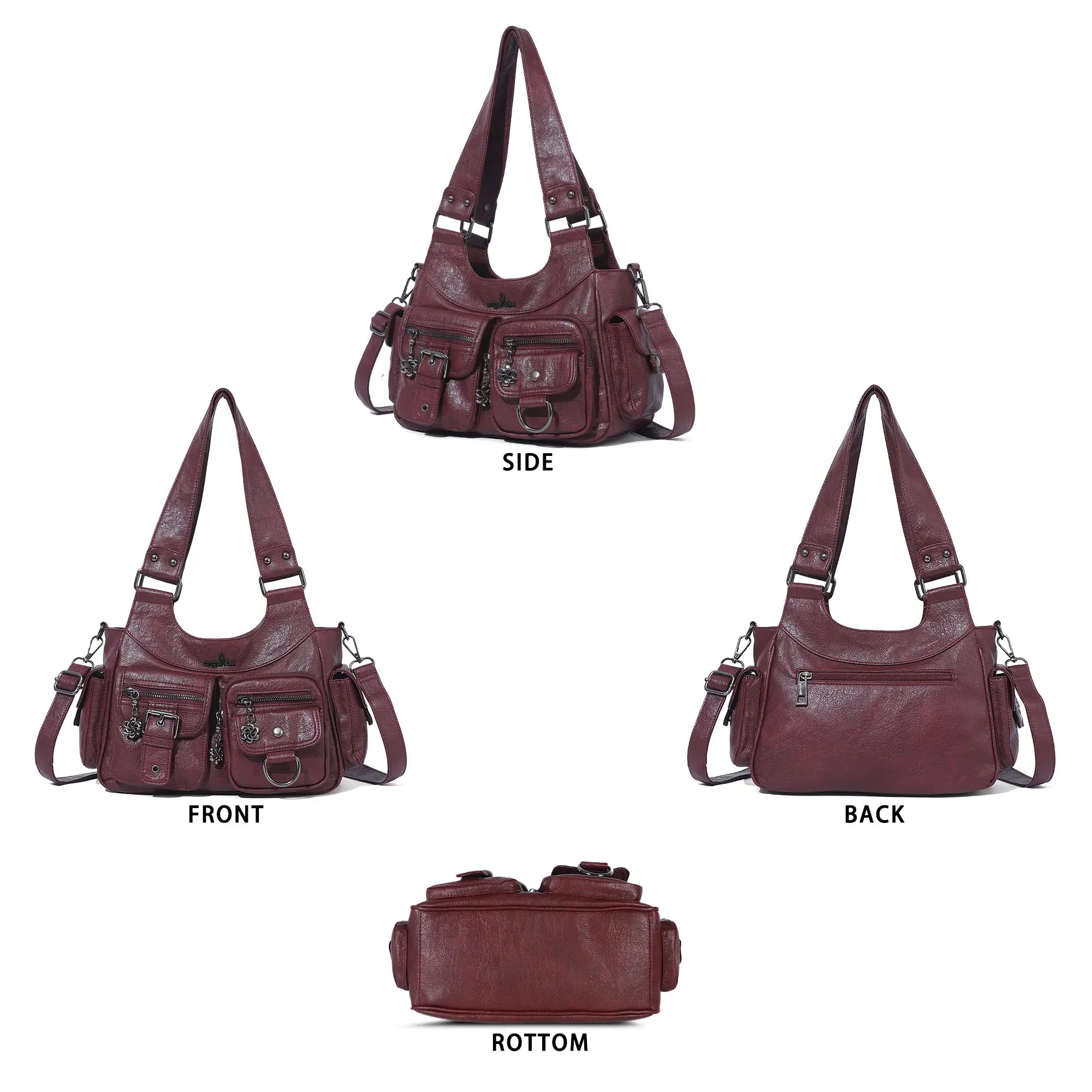 Vintage Burgundy Soft Leather Multi-Pocket Shoulder &amp; Crossbody Bag