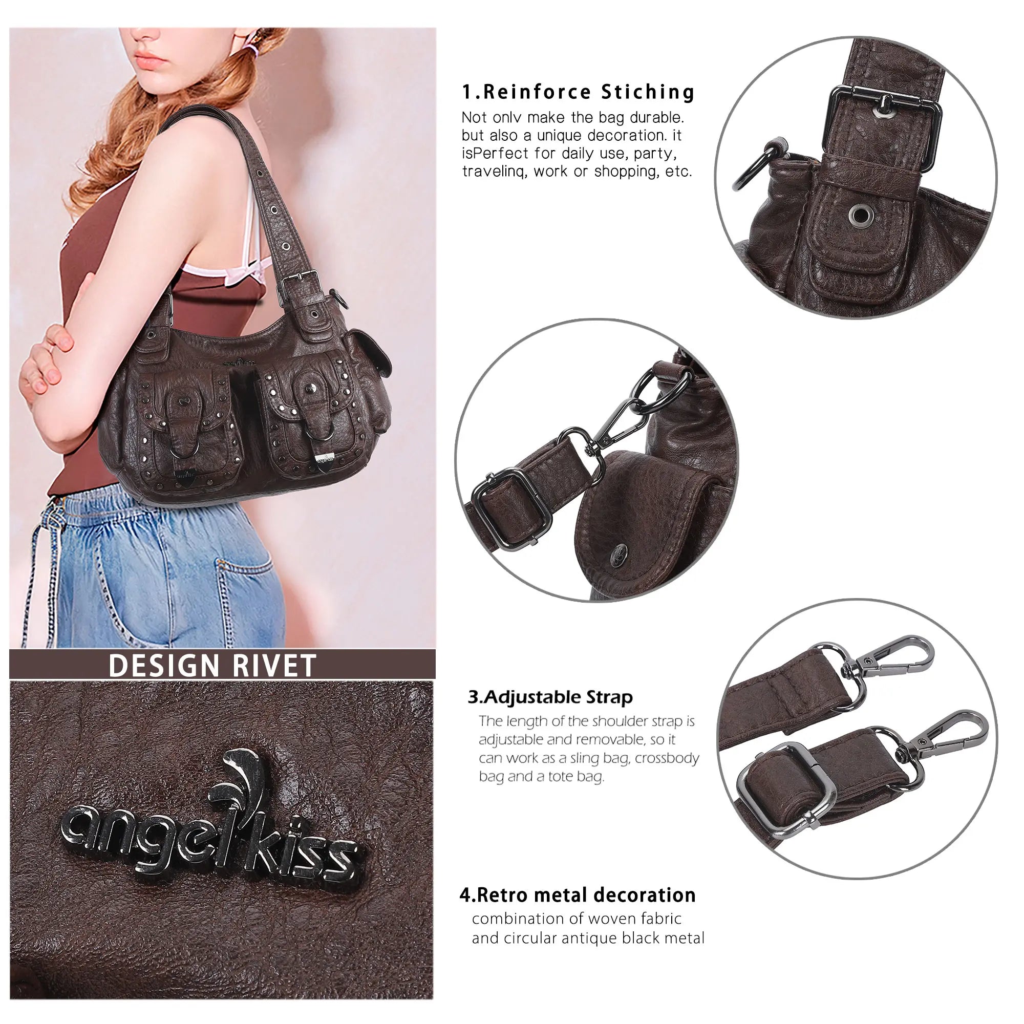 Vintage Y2K Studded Multi-Pocket Semi-Soft Tote Shoulder Bag