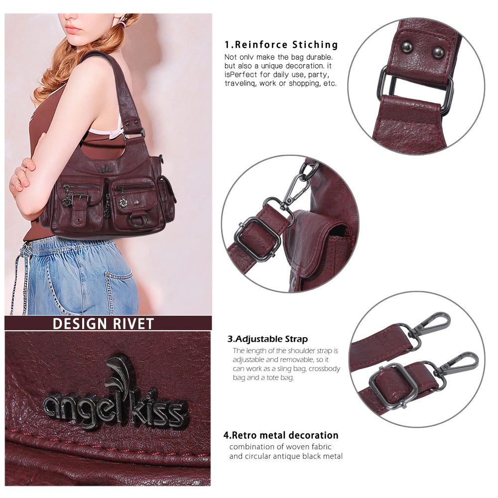 Vintage Burgundy Soft Leather Multi-Pocket Shoulder &amp; Crossbody Bag