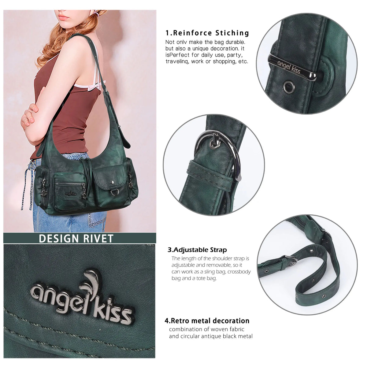 Vintage Multi-Pocket Slouchy Shoulder Bag with Utility Detail