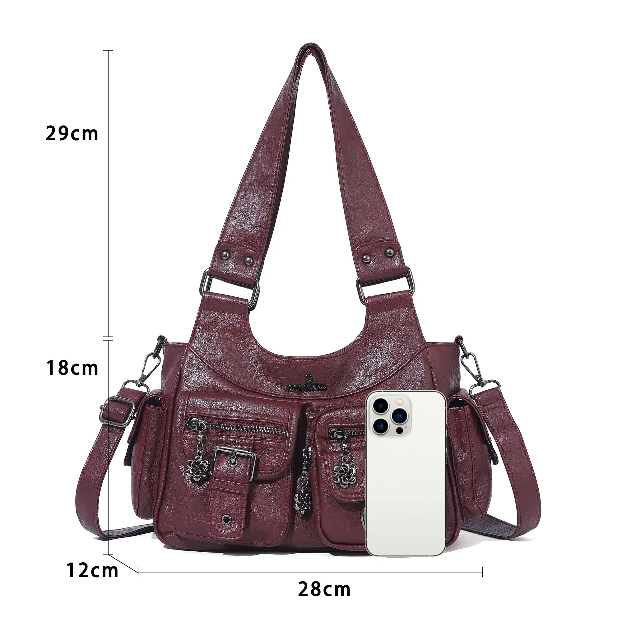 Vintage Burgundy Soft Leather Multi-Pocket Shoulder &amp; Crossbody Bag