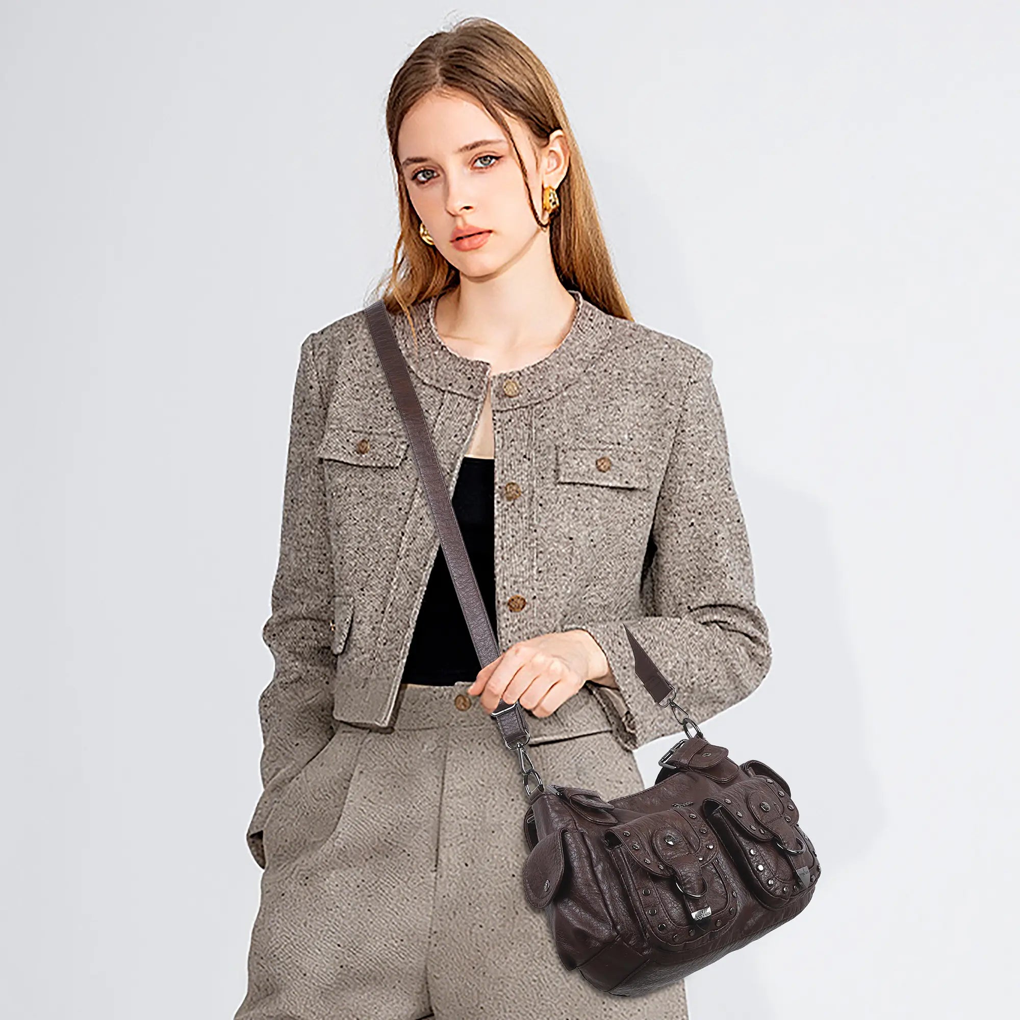 Vintage Y2K Studded Multi-Pocket Semi-Soft Tote Shoulder Bag