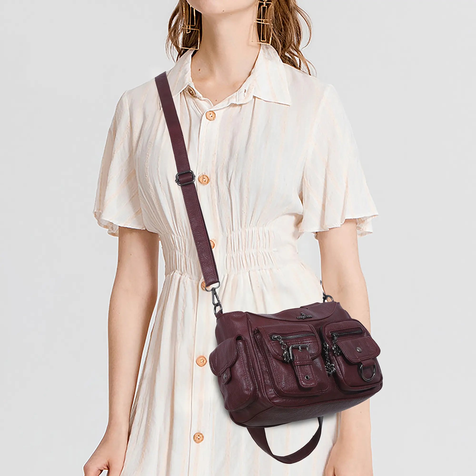 Vintage Burgundy Soft Leather Multi-Pocket Shoulder &amp; Crossbody Bag