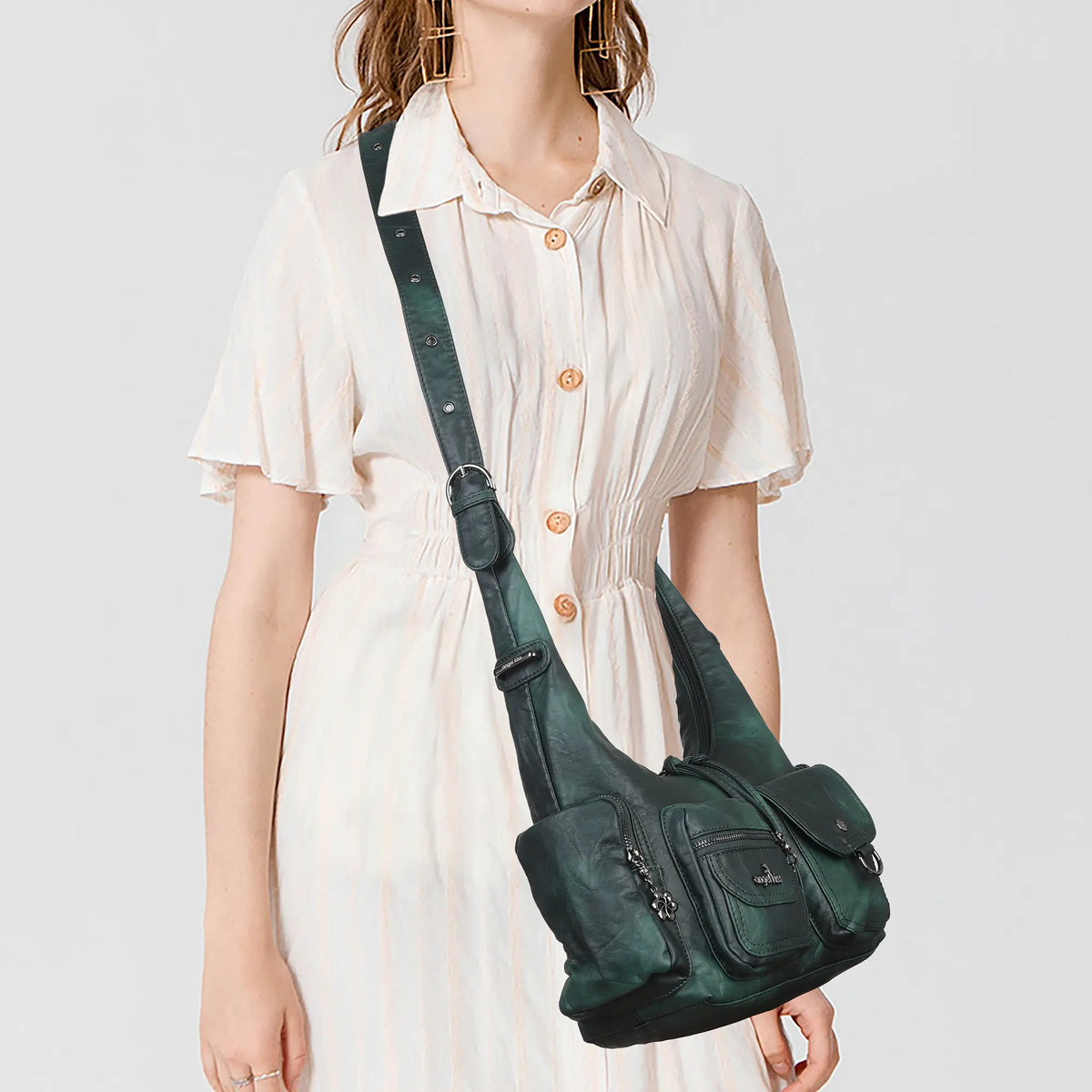 Vintage Multi-Pocket Slouchy Shoulder Bag with Utility Detail