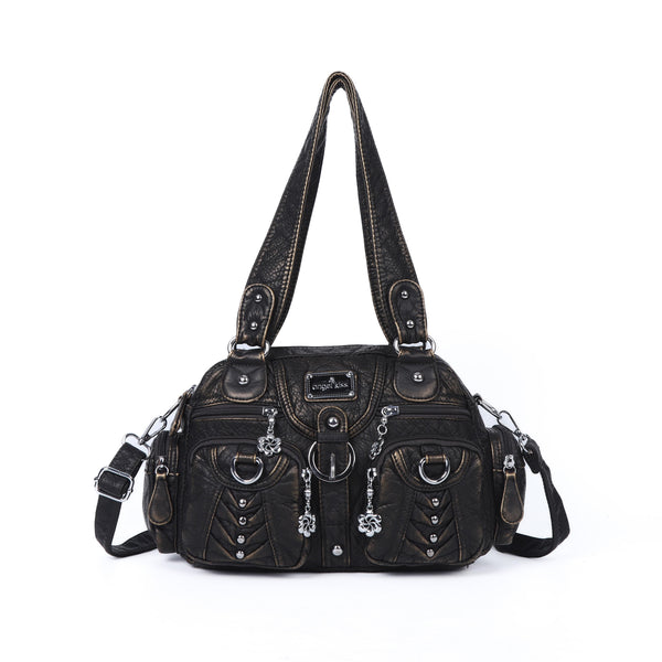 Studded Ring-Detail Multi-Pocket Shoulder Bag