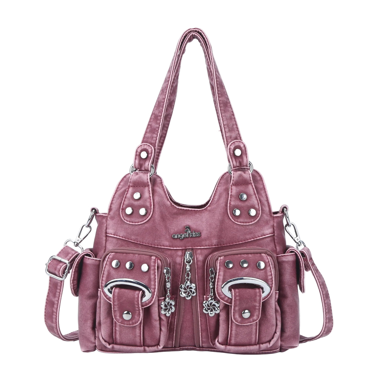 Vintage Multi-Pocket Shoulder Bag - Washed Texture with Studs Vintage Multi-Pocket Shoulder Bag - Washed Texture with Studs