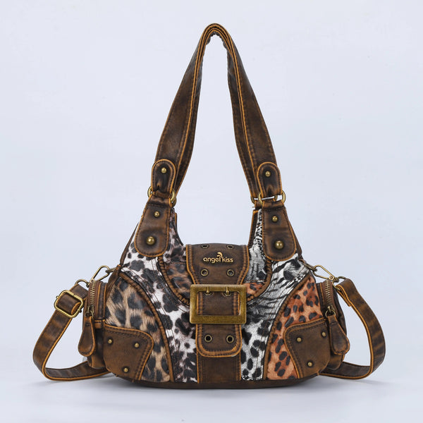 Retro Trend Patchwork Leopard Print Vegan Leather Shoulder Tote Bag
