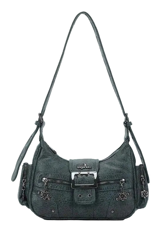 Washed Y2K Buckle Shoulder Bag with Floral Zipper Detail