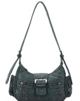 Washed Y2K Buckle Shoulder Bag with Floral Zipper Detail