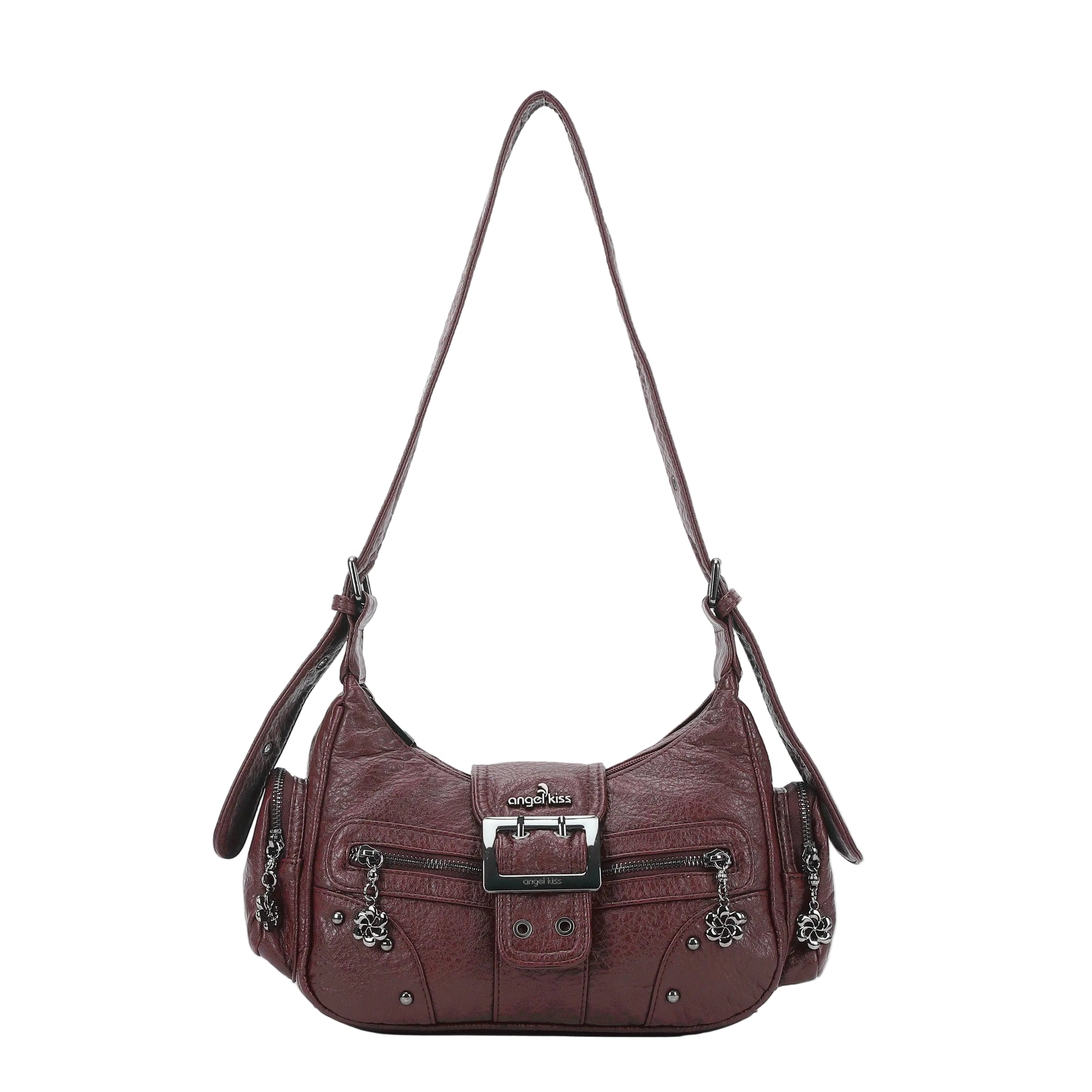 Washed Y2K Buckle Shoulder Bag with Floral Zipper Detail