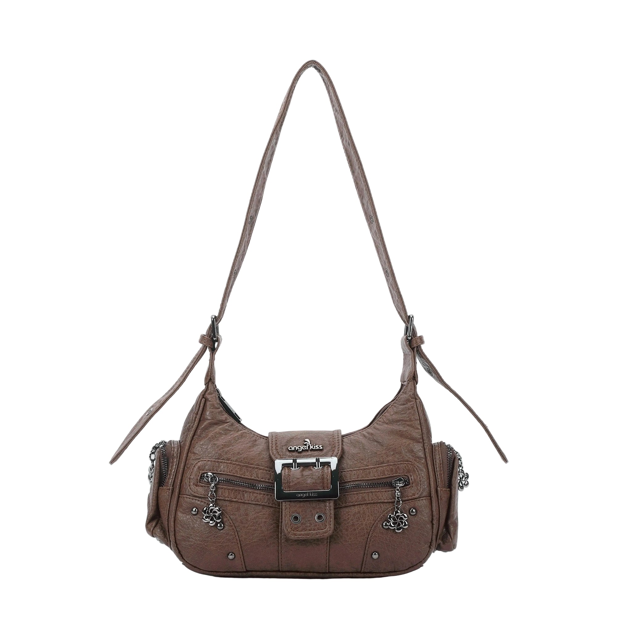 Washed Y2K Buckle Shoulder Bag with Floral Zipper Detail Washed Y2K Buckle Shoulder Bag with Floral Zipper Detail