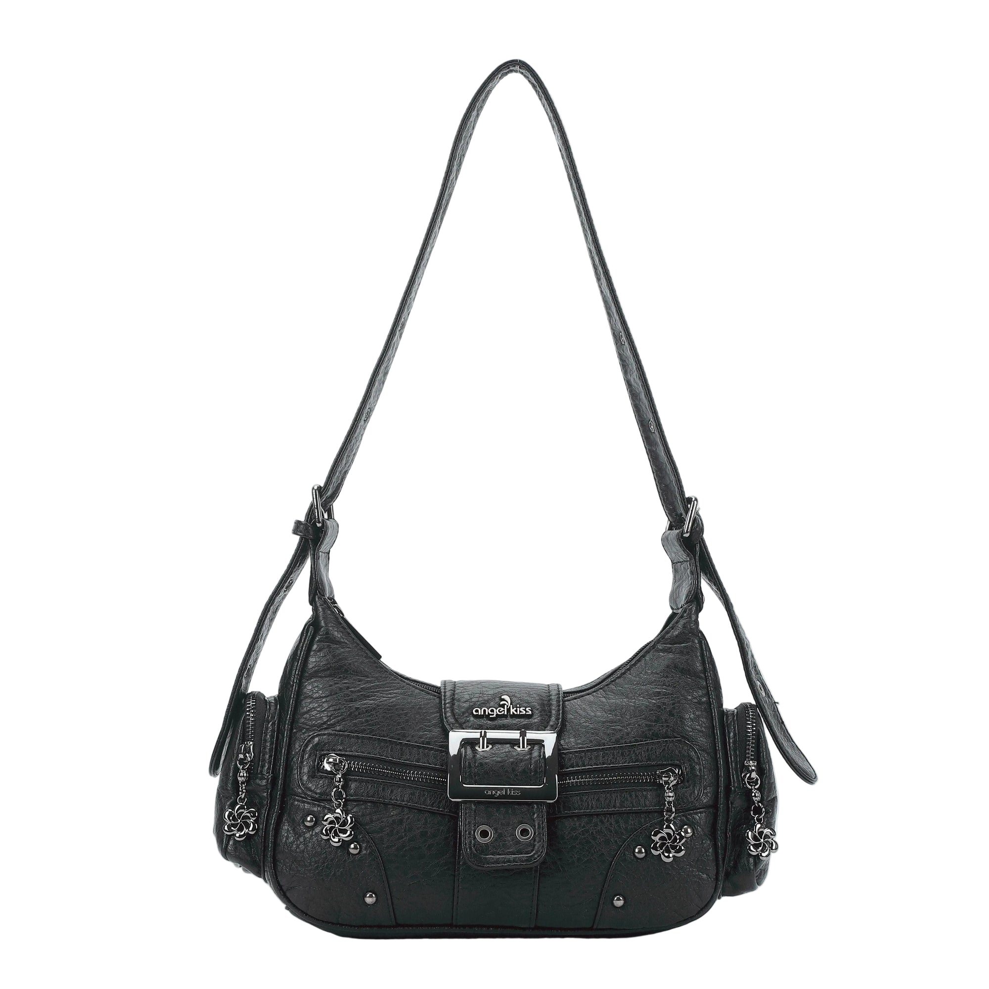Washed Y2K Buckle Shoulder Bag with Floral Zipper Detail
