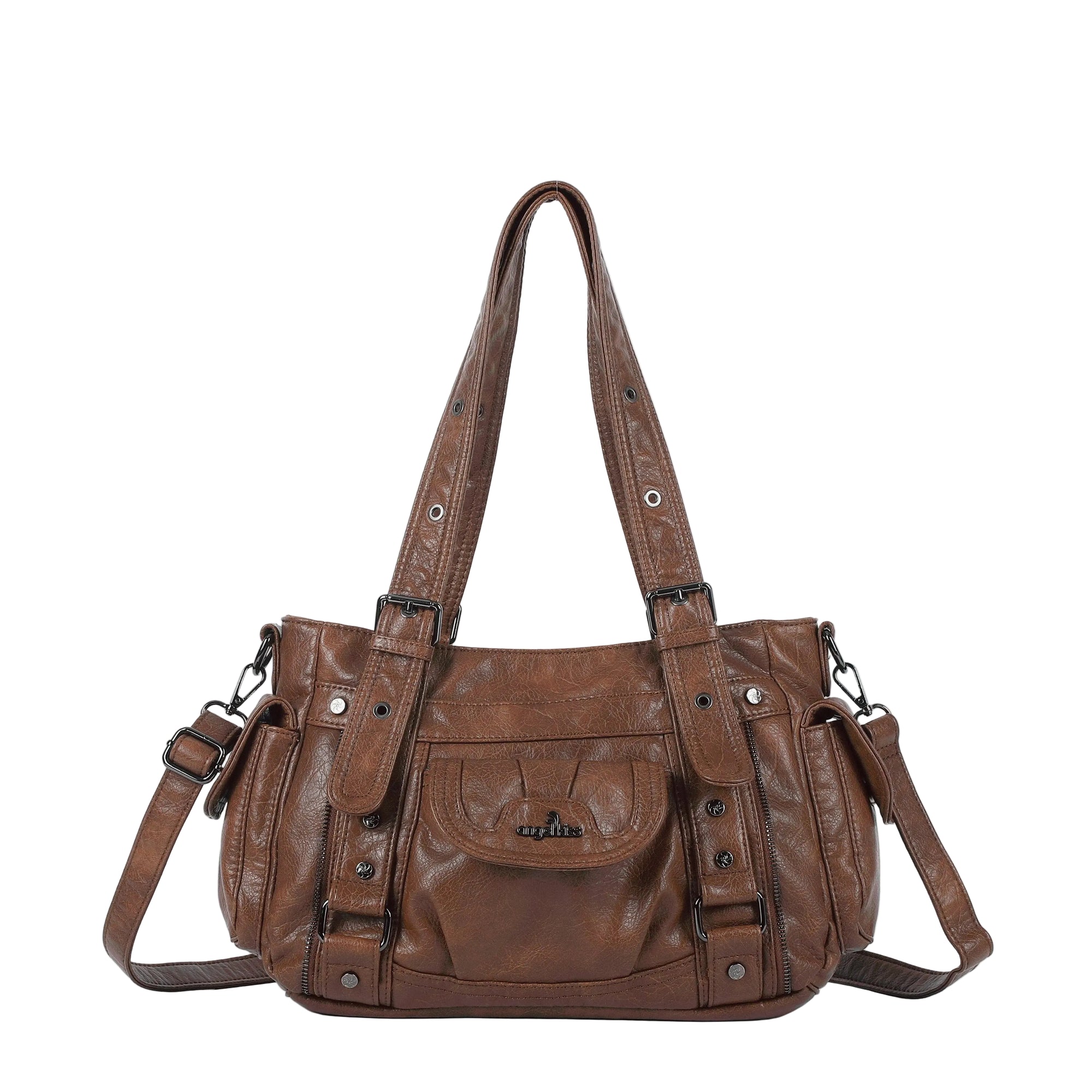 Textured Multi-Pocket Shoulder Bag with Rivet Details