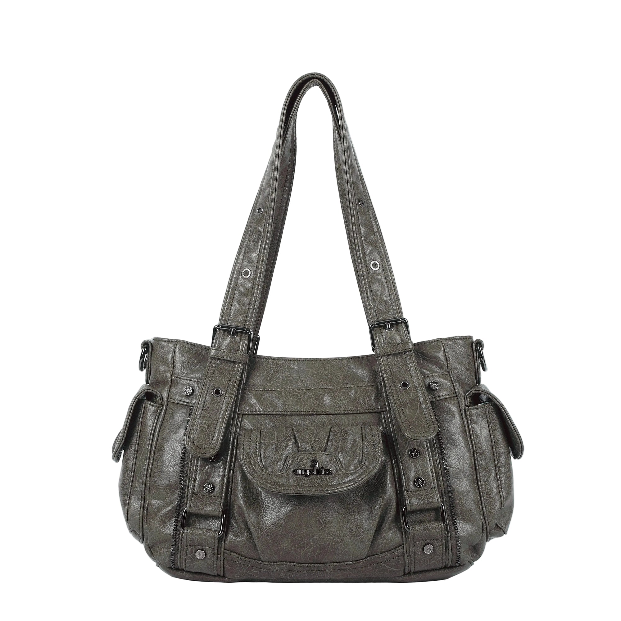 Textured Multi-Pocket Shoulder Bag with Rivet Details