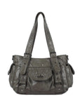 Textured Multi-Pocket Shoulder Bag with Rivet Details