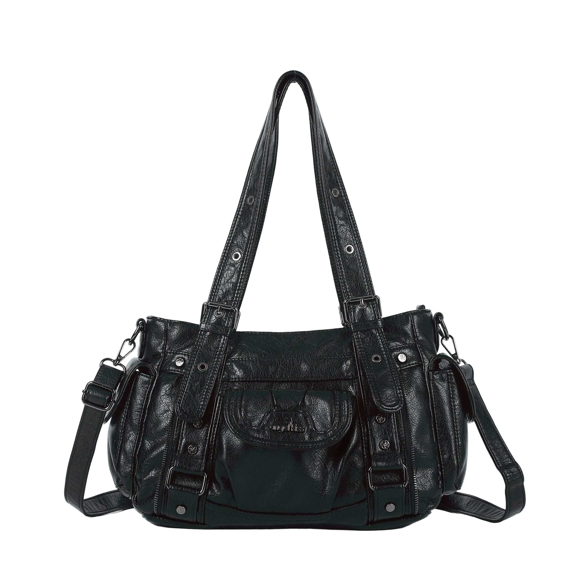 Textured Multi-Pocket Shoulder Bag with Rivet Details